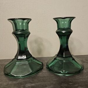 Vintage Pair Emerald Green Indiana Glass Candle Holders